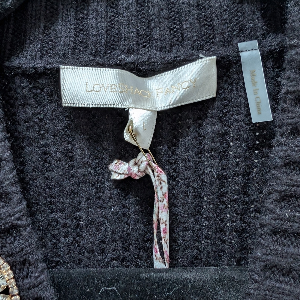 LoveShackFancy Black Ribbed Cardigan with Floral Bow - Picture 3 of 10